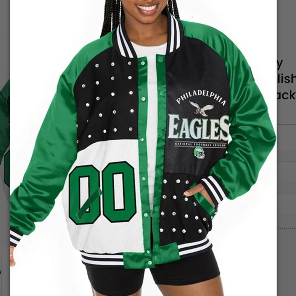 SOLDπ¦
Philade Eagles Rhinestone Varsity Jacket ππ€ππ€NWT - Picture 1 of 7